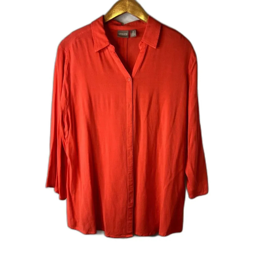 Chico's‎ Vneck Button Up Blouse Dark Coral Chico's Size 12
